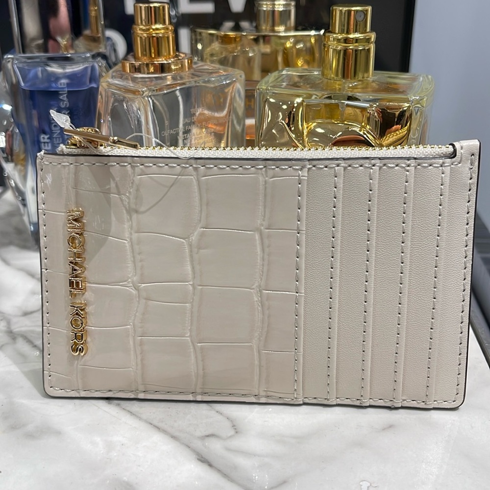 MICHAEL KORS JET SET TRAVEL MEDIUM TZ CARD CASE IN LIGHT CREAM CROCODILE NWT